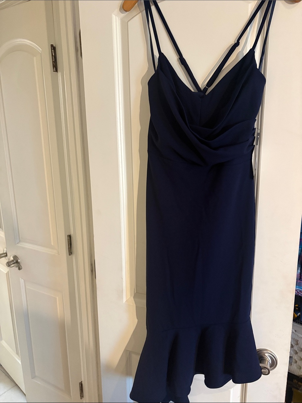bebe Navy Blue Ruched Mermaid Midi Cocktail Dress Size Small NWT - Picture 4 of 8